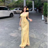 Women Yellow Floral Print Ruffle Spaghetti Strap Maxi Dress Deep V Neck Front Tie Flowy Chiffon Long Dress