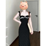 New French Tea-Length Dress Square Neck Lace Ruffle Polka Dot Dress Women Backless Waist Slim Long Dress for Summer