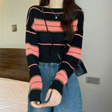 Design Sense Striped Long-sleeved Knit T-shirt Women's Spring and Autumn Unique Chic High Waist Short Top