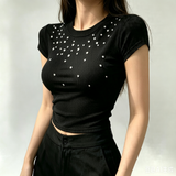 Women Trendy Rhinestone Crew Neck Shoulder Fit Short Sleeve T-Shirt Slimming Designer White Cropped Midriff Top for Spicy Girls