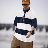 Men Striped Color Block Polo Shirt Button Collar Oversized Short Sleeve Casual Streetwear T Shirt