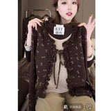 Korean Vintage Floral Print Ruffle Trim Faux Two-Piece Long Sleeve T-Shirt Women's Slim Fit Casual Top
