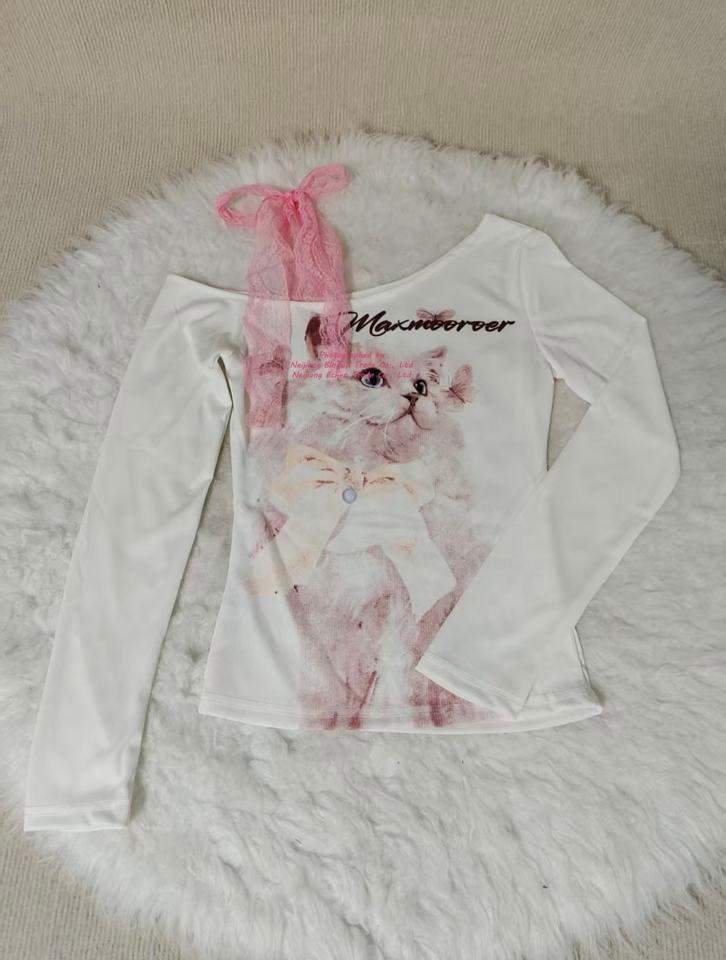 American-style Spicy Cat Y2K One-character Collar Long-sleeved T-shirt Women's Open-shoulder Lace Stitching Trendy Top