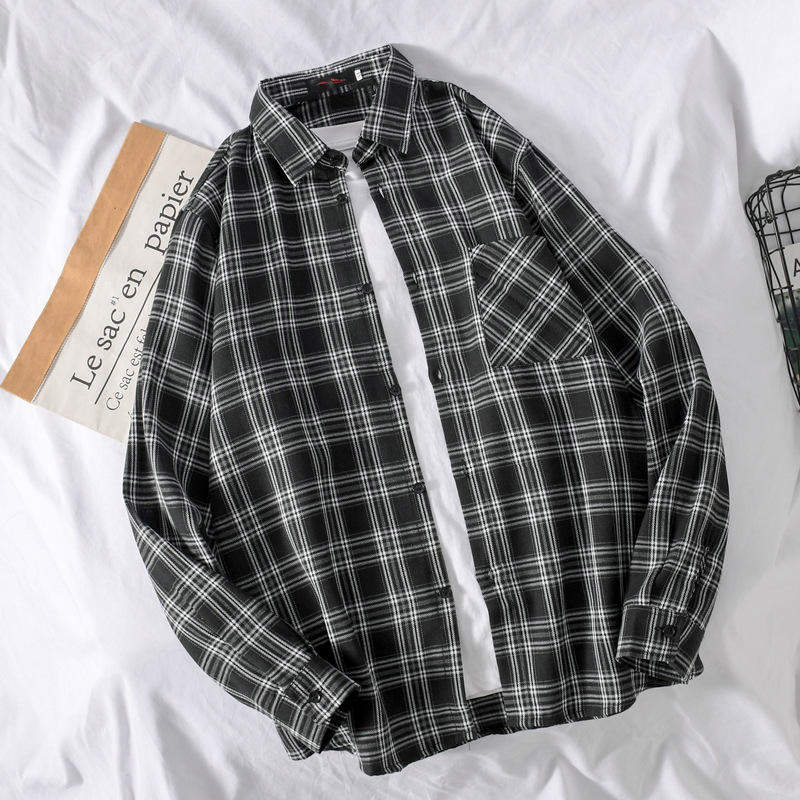 Men's Hong Kong INS Plaid Long Sleeve Shirt Lazy Loose Korean Trendy Edgy Handsome Casual Shirt Jacket