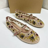 Round-Toe Mesh Women's Flats Ballet Shoes with Green Floral Embroidery Beautiful Quality Cute Walking Shoes