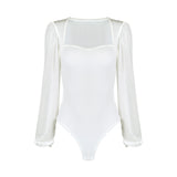 Women Sweetheart Neck Mesh Puff Long Sleeve Ribbed Bodysuit Slim Fit Bodycon Elegant Party Ladies Bodysuit Tops