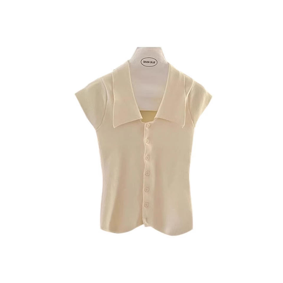 Women Lapel Cap Sleeve Knit Top Single Breasted Button Irregular Curved Hem Slim Fit Solid Casual Summer Cropped Knitted Blouse