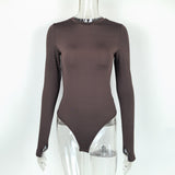 Women Crew Neck Long Sleeve Bodysuit Thumb Hole Slim Fit Basic Bodycon Top Ladies Stretchy Layering Bodysuit