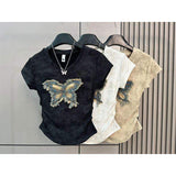 New Design Summer Short-sleeved T-shirt Women's Butterfly Embroidered Denim Pic Design Unique Tops for Women
