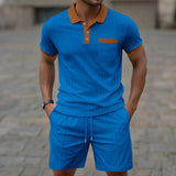 Men's Waffle Knit Two Piece Set Contrast Collar Polo Shirt & Drawstring Shorts Casual Summer Tracksuit