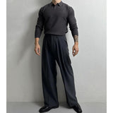 Men Waffle Knit Long Sleeve Polo Shirt Lapel Collar Button Placket Solid Slim Fit Business Casual Knitted Pullover