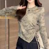 Large Size Girls Autumn Round Neck Hollow Design Tie-Dye T-Shirt Waist - Cinching Slimming Long Sleeve Knitted Top