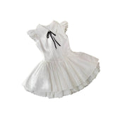 Preppy Style White Lapel Mini Dress Women Ruffle Cap Sleeve Lace Trim Black Bow Tie Button Decor a Line Cute Lolita Dress