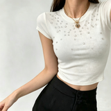 Women Trendy Rhinestone Crew Neck Shoulder Fit Short Sleeve T-Shirt Slimming Designer White Cropped Midriff Top for Spicy Girls