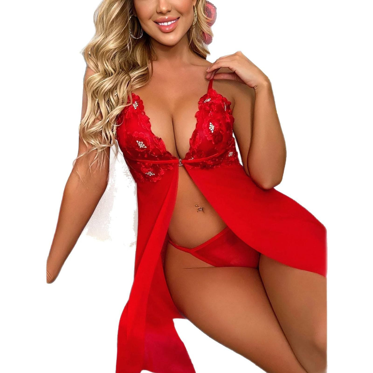 Sexy Lace Backless Slit Mesh Camisole Nightgown Set