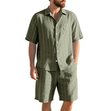 Men's Linen Striped Two Piece Set - Short Sleeve Button Down Shirt & Shorts Casual Summer Outfit