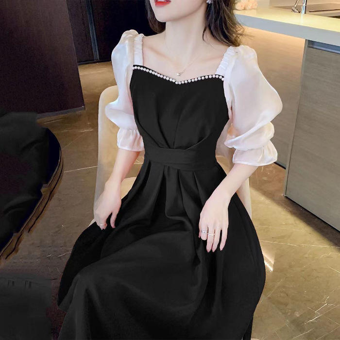 Women Burgundy Color Block Puff Sleeve Midi Dress Pearl Trim Square Neck High Waist A Line Dress