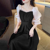 Women Burgundy Color Block Puff Sleeve Midi Dress Pearl Trim Square Neck High Waist A Line Dress