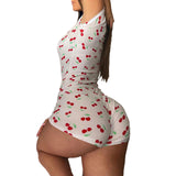 Women Cherry Print Short Sleeve Button Romper Onesie Pajamas Casual Home Wear Bodycon Loungewear Bodysuit