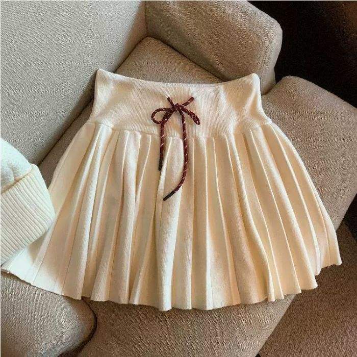 Korean Style Drawstring Lace-up Knitted Pleated Skirt Women's Spring and Autumn New Academic High Waist Slimming Skirt