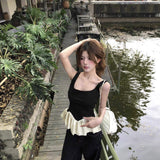 Women Ruffle Hem Tank Top U Neck Sleeveless Peplum Waist Slim Fit Contrast Patchwork Cropped Camisole Casual Street Tops