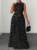 Plus Size Women Polka Dot Sleeveless Maxi Dress Bow Tie Collar Pleated Flowy A-Line Long Sundress Vintage Elegant Dress