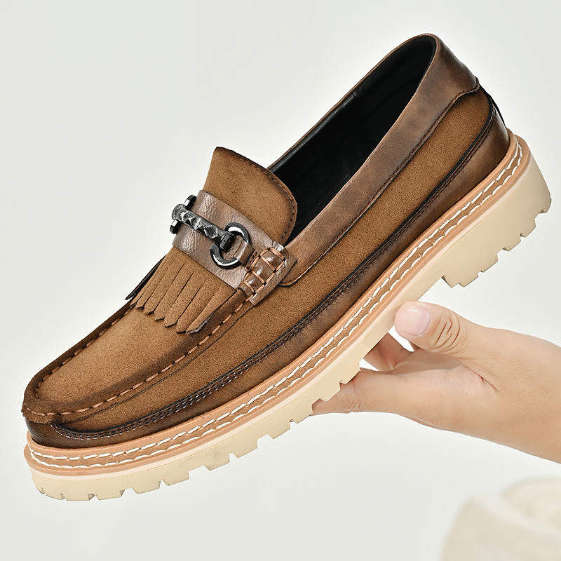 Comfortable Mens Platform Loafers Fashion Slip On Casual Shoes Suede Leather Upper Tassel Buckle Decor Chunky Sole Walking Shoe