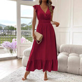 Women Summer V Neck Ruffle Sleeveless Midi Dress Elastic Waist Pleated Chiffon Long Dress Elegant Ruffle Hem Maxi Dress