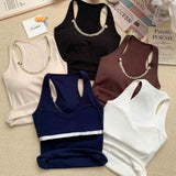 Ribbed Knit U Neck Crystal Beaded Racerback Tank Top Women Sleeveless Padded Slim Fit Camisole