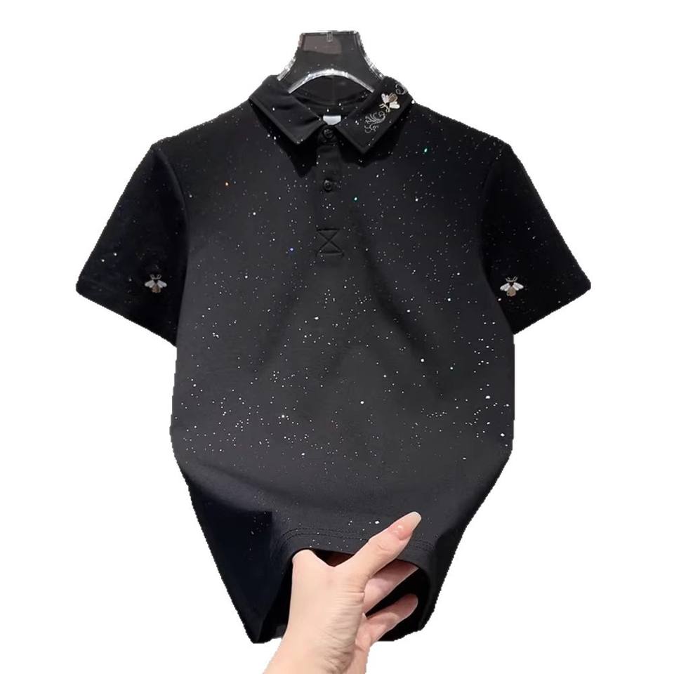 Men Rhinestone Star Bee Embroidery Polo Shirt Black Luxury Short Sleeve Casual Top