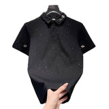 Men Rhinestone Star Bee Embroidery Polo Shirt Black Luxury Short Sleeve Casual Top