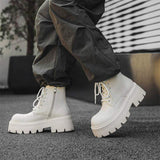 Black Synthetic Leather Mid Calf Lace up Chunky Anti Slip Sole Retro Boots for Daily Commute Street Fashion