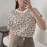 2026 New Arrival Women's Leopard Print Ribbed Knit T-Shirt, Contrast Color Casual Short Sleeve Top