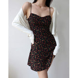 Loose-fit Hip Wrap Mini Dress Floral Printed A-line Dress Sexy Strap Cami Dress