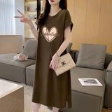Women Crew Neck Heart Cutout Print T Shirt Dress Loose Oversized Casual Long Tee Dress Home Loungewear