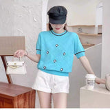 2025 Summer New Women's Knit T Shirt with Pattern Embroidery Unique Design Short Sleeve Short Length Thin Top