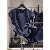 Korean Hot Girl Short Sleeve Tee, Round Neck Regular Shoulder, Irregular Ruffled Stylish Top