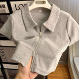 Women Double Zipper Polo Crop Top Short Sleeve Ribbed Knit T Shirt Summer Slim Fit Lapel Casual Crop Tee