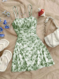 Women Spaghetti Strap Blue Floral Print Mini Dress Ruched Waist Slim Fit A Line Casual Summer Beach Dress