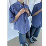 Vintage American Blue Plaid Short Sleeve Shirts for Men Women, Loose Fit Premium Versatile Layered Casual Shirt Jacket