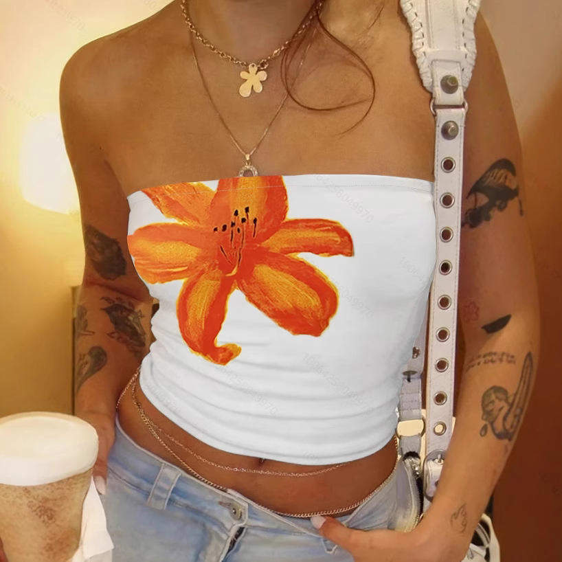 Women Tropical Hibiscus Floral Print Tube Top Ruched Side Slim Fit Strapless Cropped Cami Summer Y2K Streetwear Top