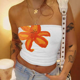 Women Tropical Hibiscus Floral Print Tube Top Ruched Side Slim Fit Strapless Cropped Cami Summer Y2K Streetwear Top