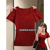 Women Square Neck Ribbed Knit Short Sleeve T Shirt Slim Fit Curved Hem Cropped Stretch Basic Casual Top