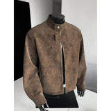 Men Vintage Distressed Suede Stand Collar Motorcycle Jacket Multi Zipper Pocket Cropped Retro Streetwear Coat