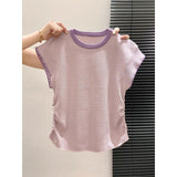 Women Contrast Collar Striped Ribbed Knit Top Cap Sleeve Side Ruched Slim Fit Summer Casual Short Knitted Blouse