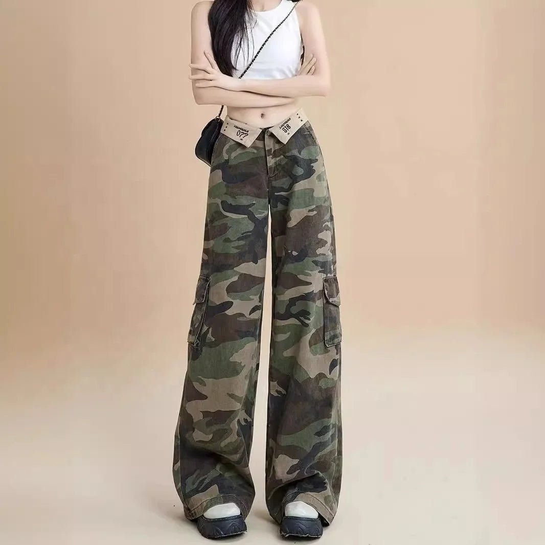 American Camouflage Cargo Pants for Women Summer High - Waisted Turn - Up Straight - Leg Loose Slimming Floor - Length Pants - Zeprah