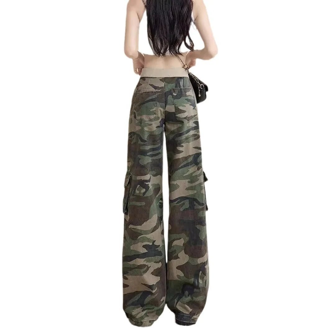 American Camouflage Cargo Pants for Women Summer High - Waisted Turn - Up Straight - Leg Loose Slimming Floor - Length Pants - Zeprah
