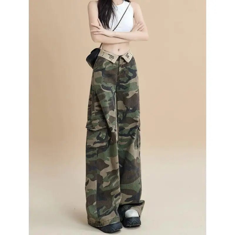 American Camouflage Cargo Pants for Women Summer High - Waisted Turn - Up Straight - Leg Loose Slimming Floor - Length Pants - Zeprah