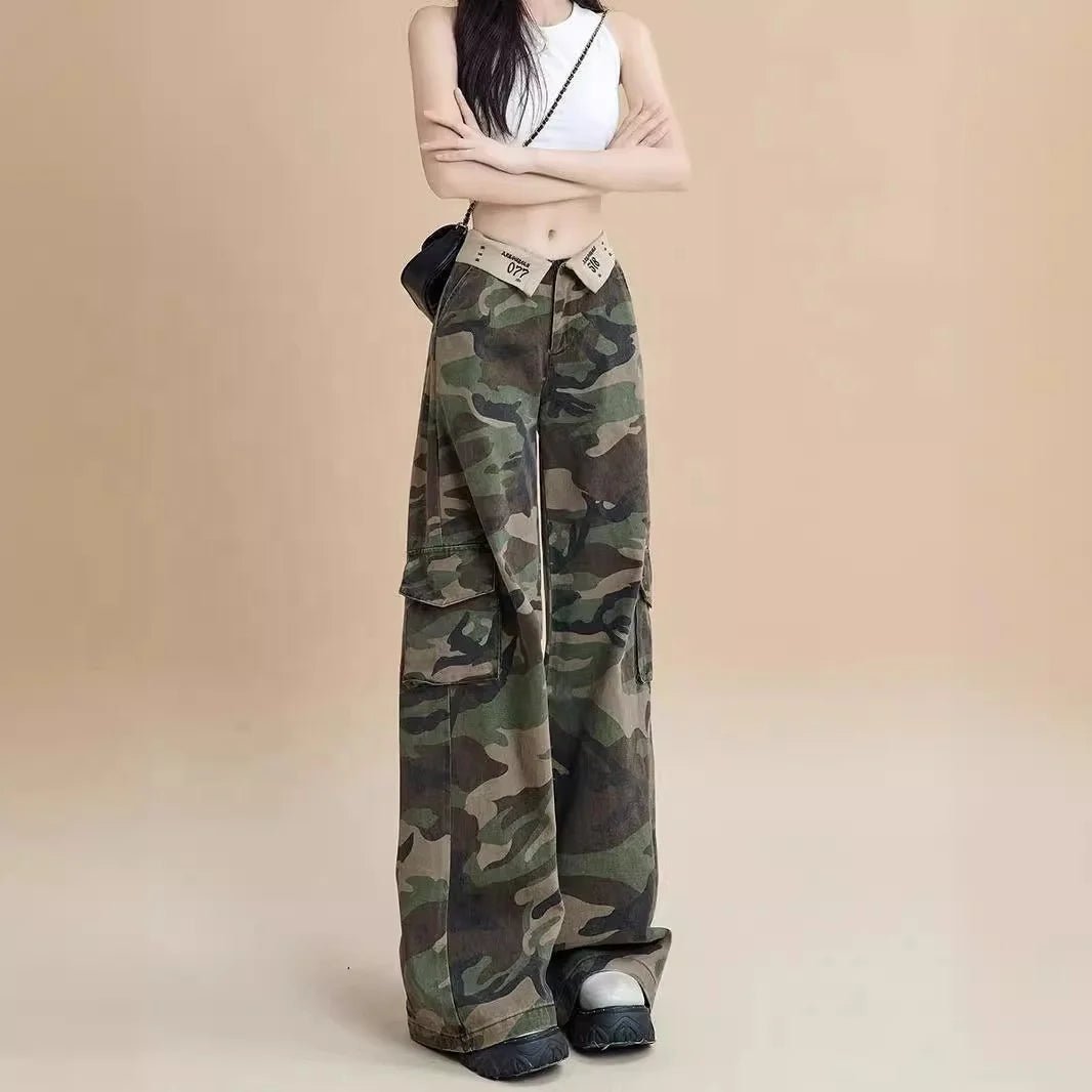American Camouflage Cargo Pants for Women Summer High - Waisted Turn - Up Straight - Leg Loose Slimming Floor - Length Pants - Zeprah