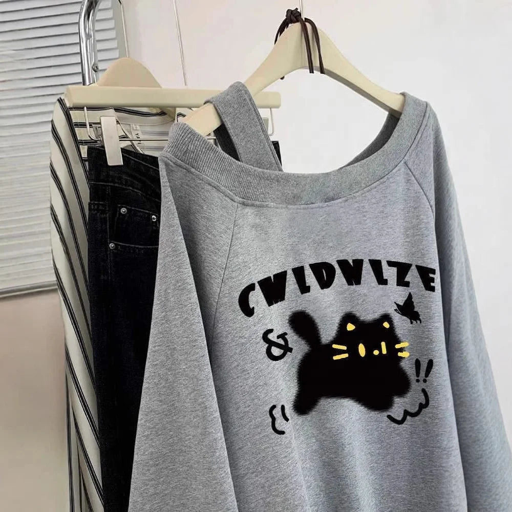 American Retro Gray Slant Shoulder Women's Sweatshirt Spring and Autumn 2025 New Design Sense Oversize Loose Top - Zeprah